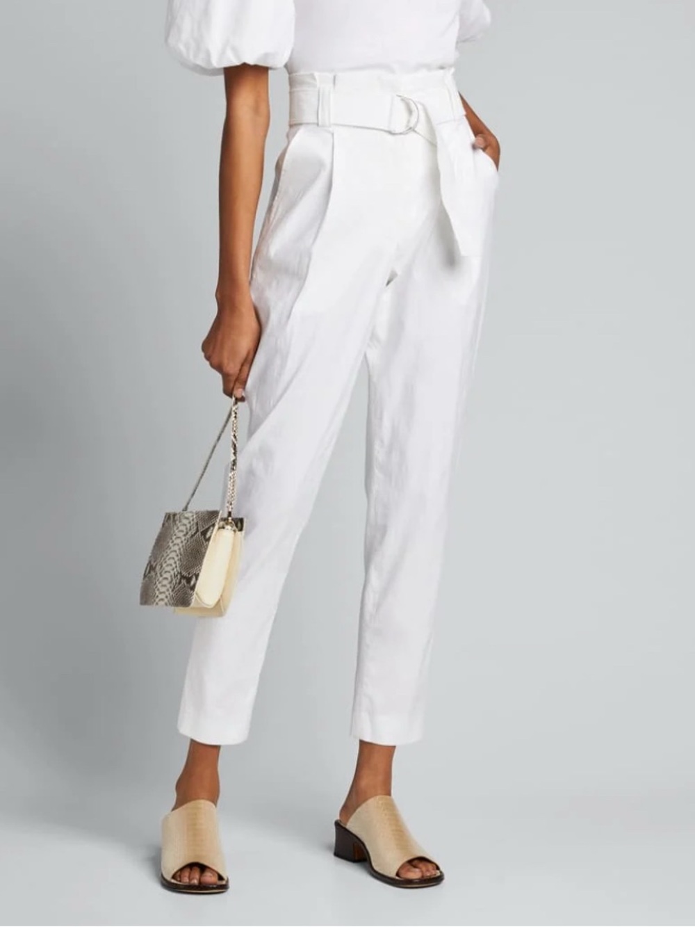A.L.C. Diego Linen High Rise Belted Paperbag Pants White Ankle Size 4 NWT